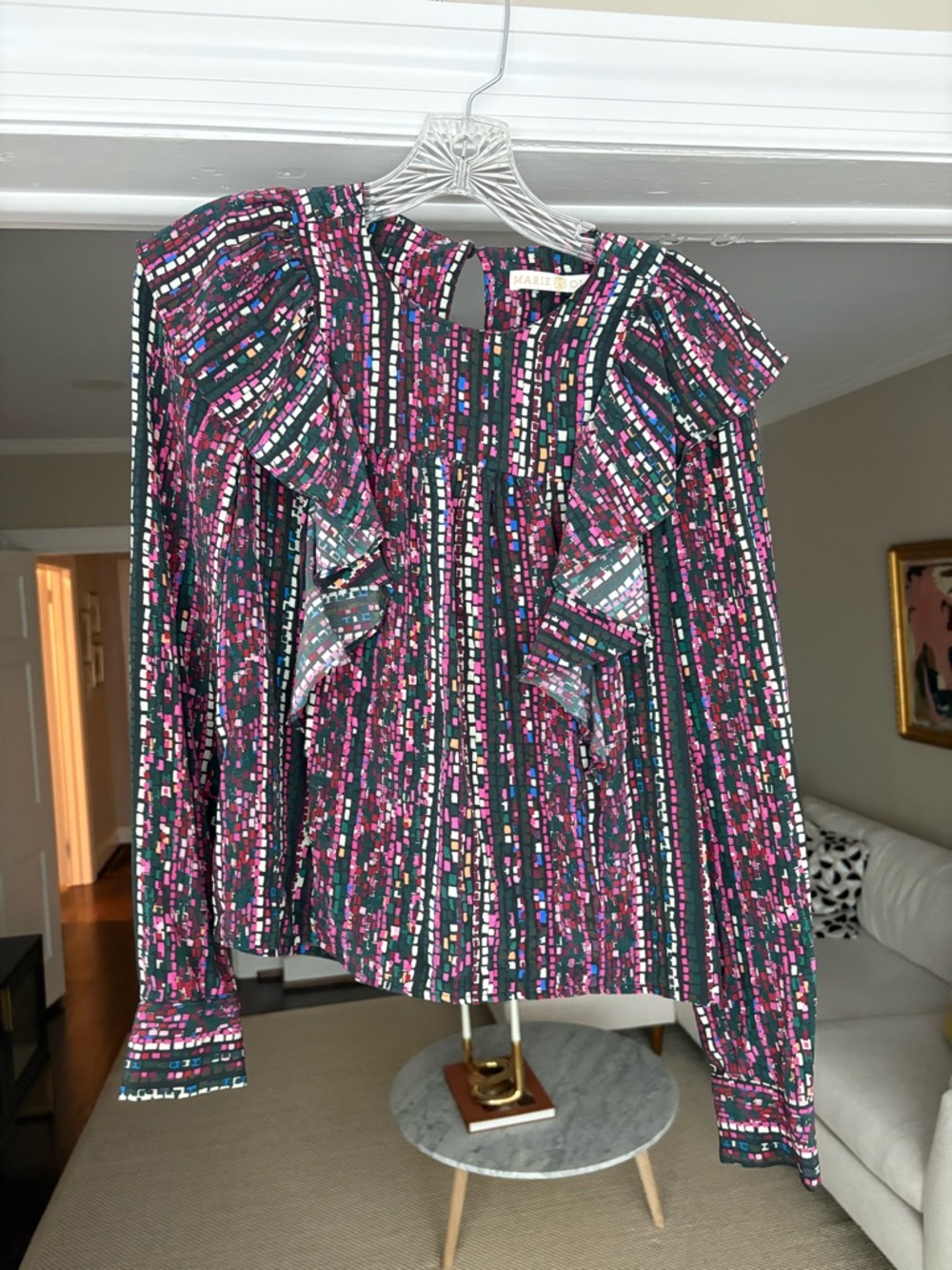 Marie Oliver Pink Green Multicolor Patterned Ruffle Blouse